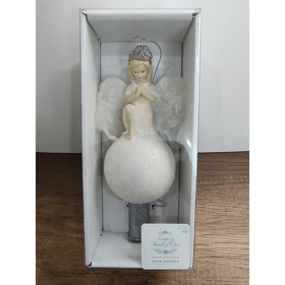 Simply Shabby Chic Holiday Tree Topper Girl Feather Wings White Glitter Ball
